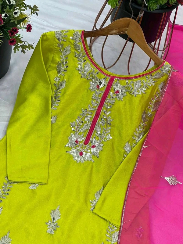 Elegant Heavy Chinnon Silk Embroidered Set with Full Sleeves & Sequence Work" - Bitter Lemon, XL