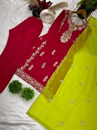 Elegant Heavy Chinnon Silk Embroidered Set with Full Sleeves & Sequence Work" - Red Ribbon, XXL