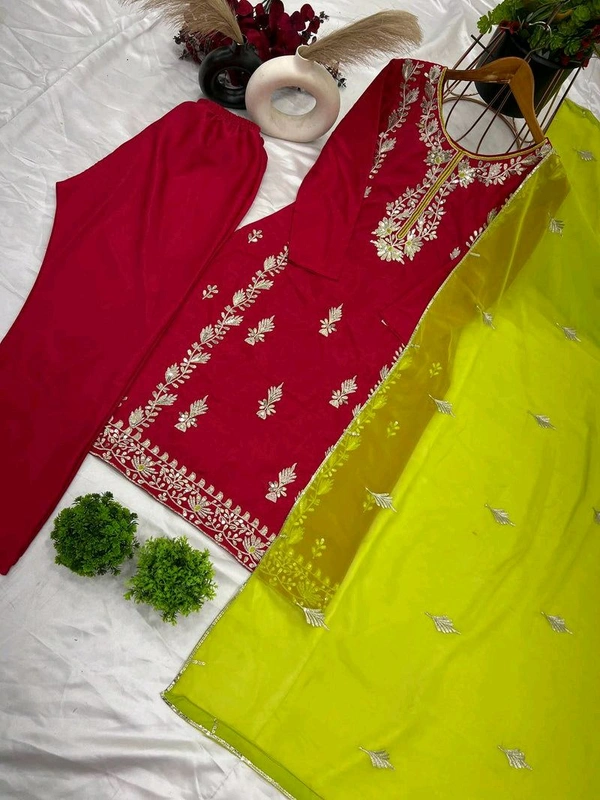 Elegant Heavy Chinnon Silk Embroidered Set with Full Sleeves & Sequence Work" - Red Ribbon, XXL