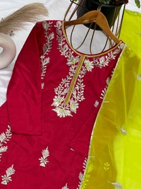 Elegant Heavy Chinnon Silk Embroidered Set with Full Sleeves & Sequence Work" - Red Ribbon, XXL