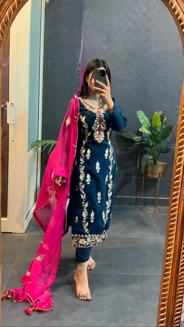 Elegant Heavy Chinnon Silk Embroidered Set with Full Sleeves & Sequence Work" - Nile Blue, XXL