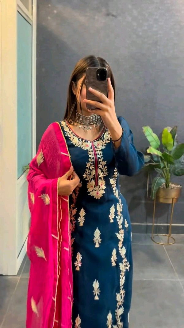 Elegant Heavy Chinnon Silk Embroidered Set with Full Sleeves & Sequence Work" - Nile Blue, XXL