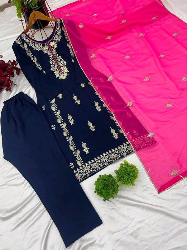Elegant Heavy Chinnon Silk Embroidered Set with Full Sleeves & Sequence Work" - Nile Blue, XXL