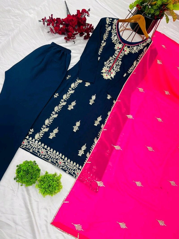 Elegant Heavy Chinnon Silk Embroidered Set with Full Sleeves & Sequence Work" - Nile Blue, XXL