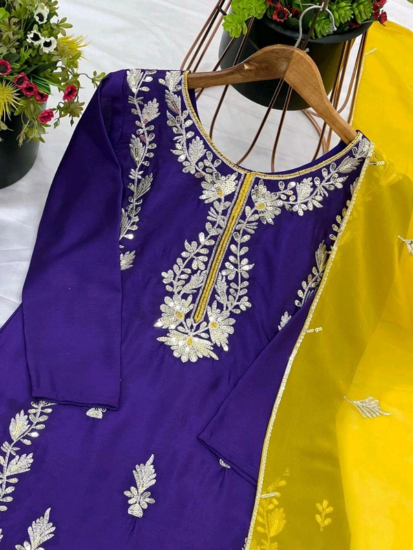 Elegant Heavy Chinnon Silk Embroidered Set with Full Sleeves & Sequence Work" - Meteorite, XXL