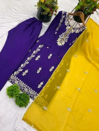 Elegant Heavy Chinnon Silk Embroidered Set with Full Sleeves & Sequence Work" - Meteorite, XXL