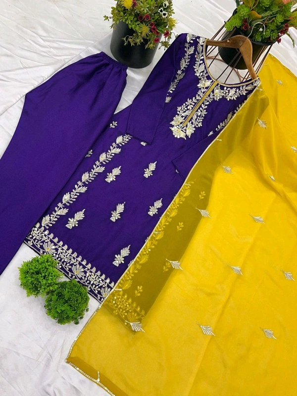 Elegant Heavy Chinnon Silk Embroidered Set with Full Sleeves & Sequence Work" - Meteorite, XXL