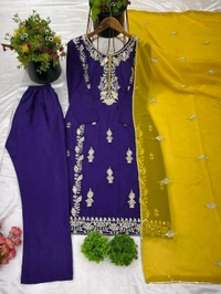 Elegant Heavy Chinnon Silk Embroidered Set with Full Sleeves & Sequence Work" - Meteorite, XXL