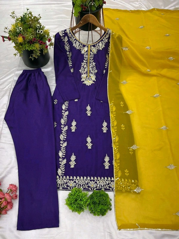Elegant Heavy Chinnon Silk Embroidered Set with Full Sleeves & Sequence Work" - Meteorite, XXL