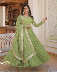 Women's Georgette Anarkali kurta set & Duptta For Women - Green Smoke, L