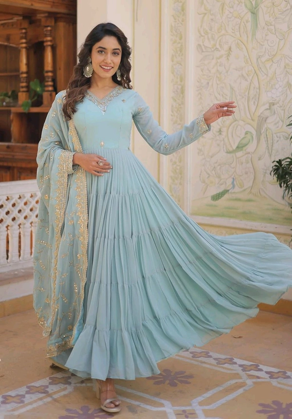Women's Georgette Anarkali kurta set & Duptta For Women - Jungle Mist, L