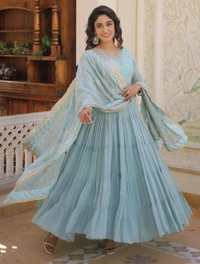 Women's Georgette Anarkali kurta set & Duptta For Women - Jungle Mist, L
