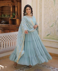 Women's Georgette Anarkali kurta set & Duptta For Women - Jungle Mist, L