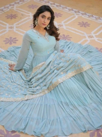 Women's Georgette Anarkali kurta set & Duptta For Women - Jungle Mist, L