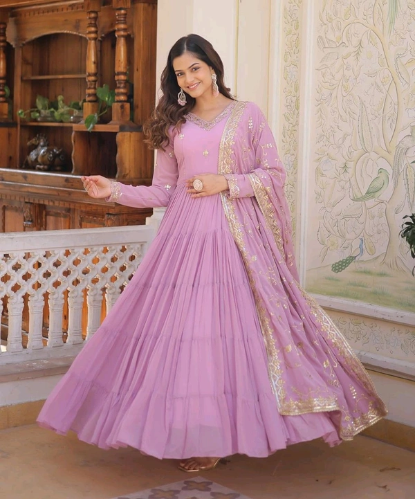 Women's Georgette Anarkali kurta set & Duptta For Women - Shocking, L
