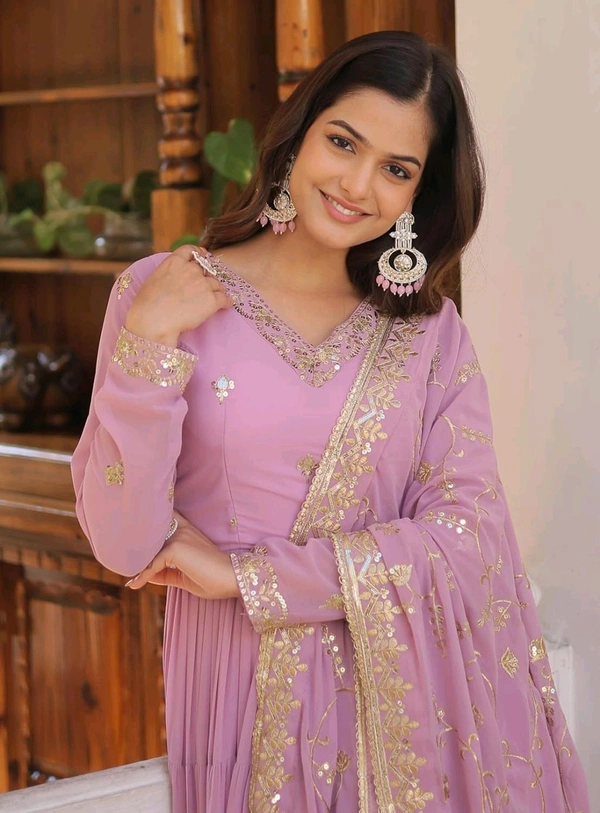 Women's Georgette Anarkali kurta set & Duptta For Women - Shocking, L