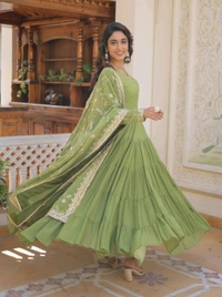 Women's Georgette Anarkali kurta set & Duptta For Women - Green Smoke, M