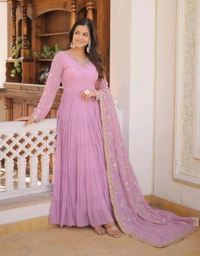 Women's Georgette Anarkali kurta set & Duptta For Women - Shocking, M