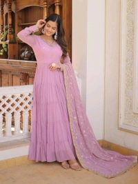 Women's Georgette Anarkali kurta set & Duptta For Women - Shocking, M