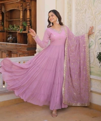 Women's Georgette Anarkali kurta set & Duptta For Women - Shocking, M