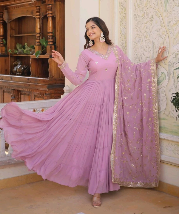Women's Georgette Anarkali kurta set & Duptta For Women - Shocking, M