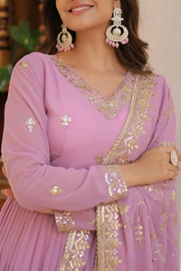 Women's Georgette Anarkali kurta set & Duptta For Women - Shocking, M