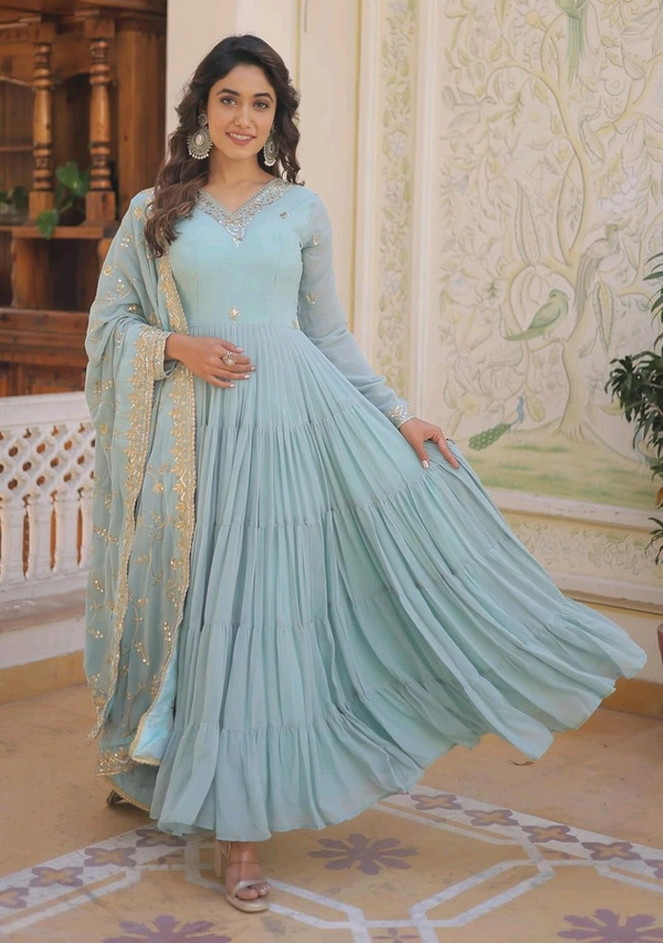 Women's Georgette Anarkali kurta set & Duptta For Women - Jungle Mist, XL