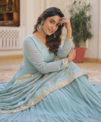 Women's Georgette Anarkali kurta set & Duptta For Women - Jungle Mist, XL