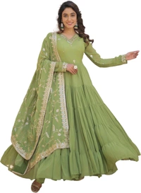 Women's Georgette Anarkali kurta set & Duptta For Women - Green Smoke, XXL