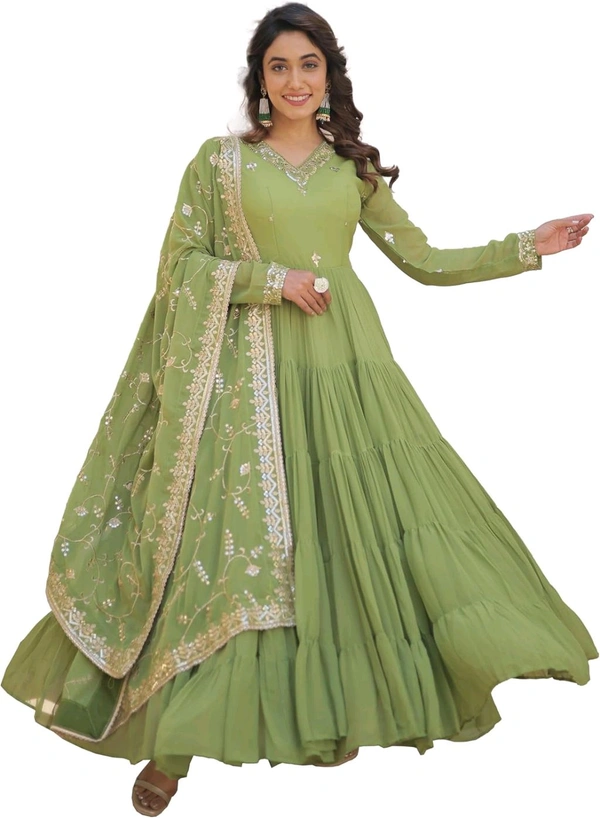 Women's Georgette Anarkali kurta set & Duptta For Women - Green Smoke, XXL