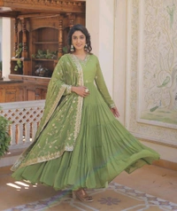Women's Georgette Anarkali kurta set & Duptta For Women - Green Smoke, XXL