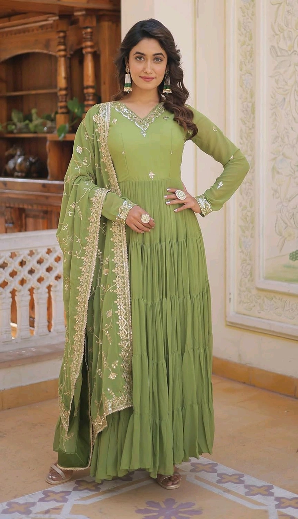Women's Georgette Anarkali kurta set & Duptta For Women - Green Smoke, XXL