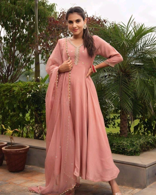 Rayon Blend Stitched Anarkali Gown (Pink) - Cornflower Lilac, L