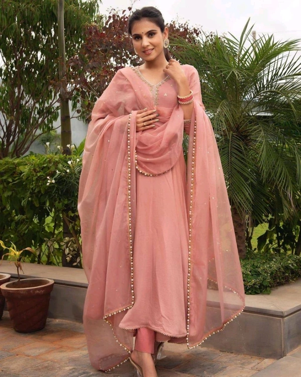 Rayon Blend Stitched Anarkali Gown (Pink) - Cornflower Lilac, L