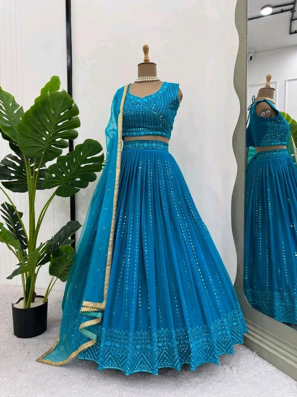 Foux Gorgette Semi Stitch Lehengha - XL, Venice Blue