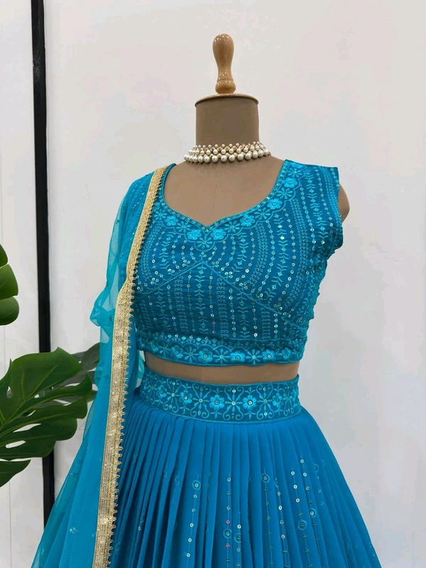 Foux Gorgette Semi Stitch Lehengha - XXL, Venice Blue