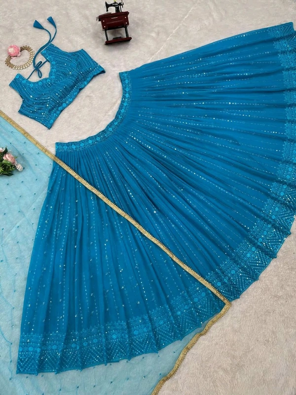 Foux Gorgette Semi Stitch Lehengha - XXL, Venice Blue