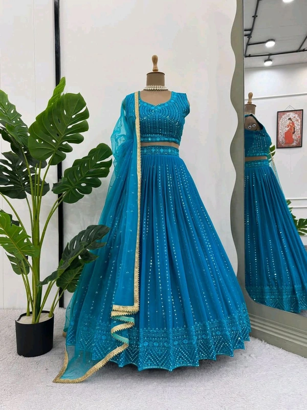 Foux Gorgette Semi Stitch Lehengha - XXL, Venice Blue