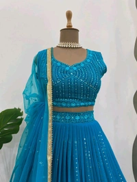 Foux Gorgette Semi Stitch Lehengha - XXL, Venice Blue