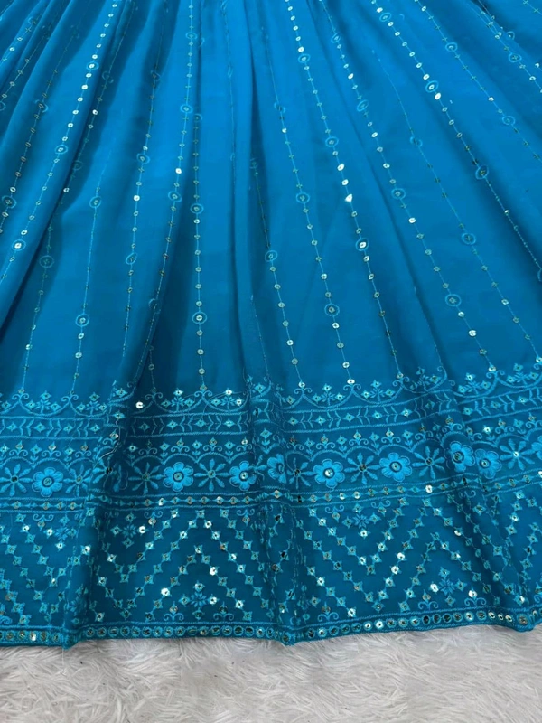 Foux Gorgette Semi Stitch Lehengha - XXL, Venice Blue