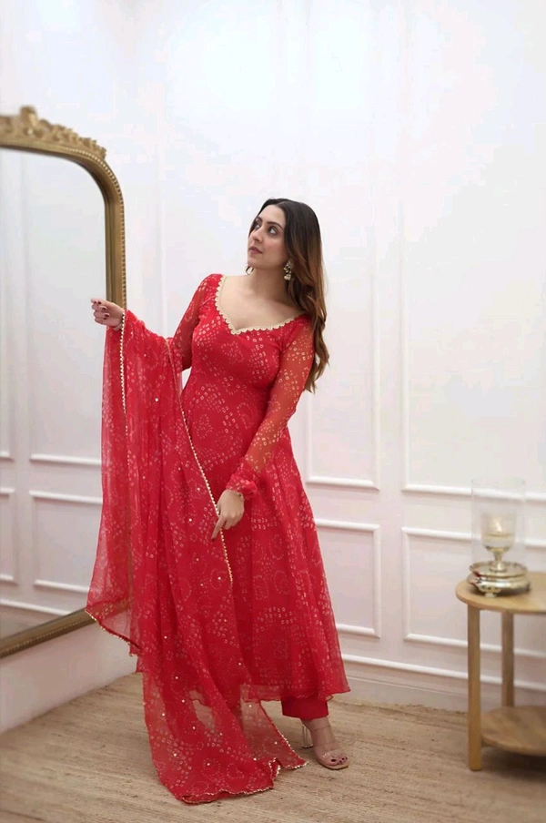 Elegant Georgette Anarkali Set - L, Red Ribbon