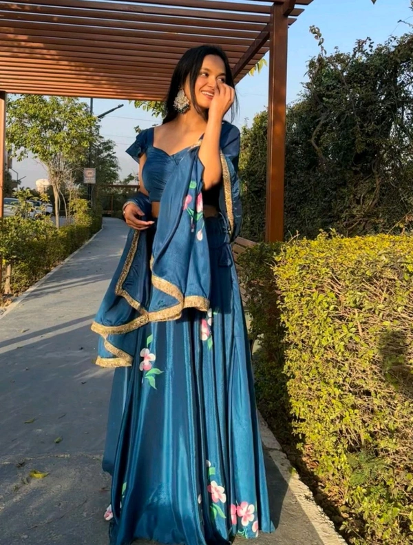 Pure Chinon Lehenga Choli with Hand-Painted Dupatta and Elegant Lace Border - Blumine, XL