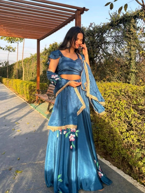 Pure Chinon Lehenga Choli with Hand-Painted Dupatta and Elegant Lace Border - Blumine, XL