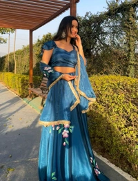 Pure Chinon Lehenga Choli with Hand-Painted Dupatta and Elegant Lace Border - Blumine, XL