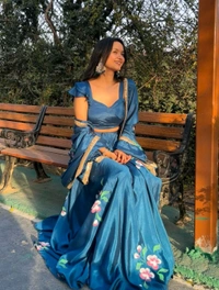 Pure Chinon Lehenga Choli with Hand-Painted Dupatta and Elegant Lace Border - Blumine, XL