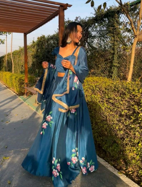 Pure Chinon Lehenga Choli with Hand-Painted Dupatta and Elegant Lace Border - Blumine, XL