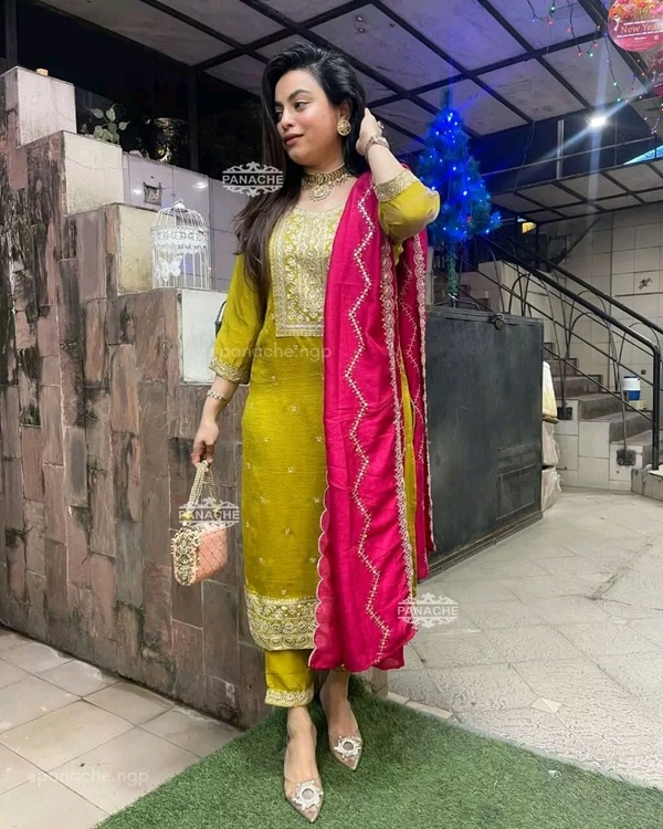 New Launching Heavy Chinnon Silk Salwar Kameez With Dupatta For Wedding Wearbridesmaid_outtfit - Husk, M