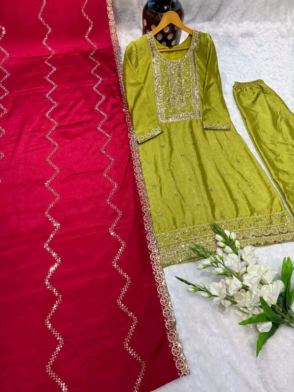 New Launching Heavy Chinnon Silk Salwar Kameez With Dupatta For Wedding Wearbridesmaid_outtfit - Husk, M
