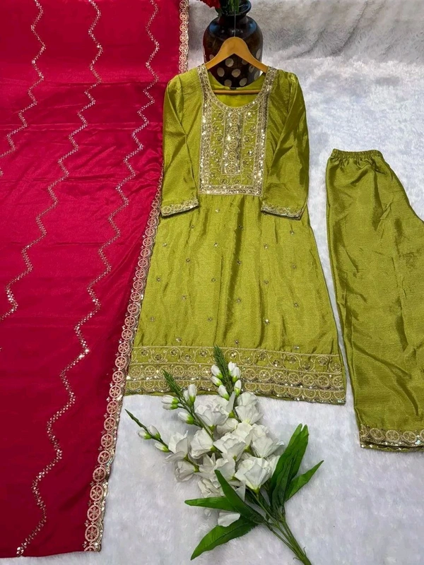 New Launching Heavy Chinnon Silk Salwar Kameez With Dupatta For Wedding Wearbridesmaid_outtfit - Husk, M