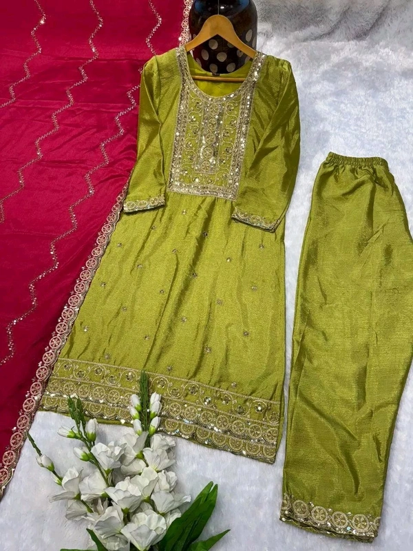 New Launching Heavy Chinnon Silk Salwar Kameez With Dupatta For Wedding Wearbridesmaid_outtfit - Husk, M